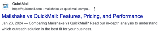 SERP result of Mailshake using a "vs" keyword to compare themselves to a competitor