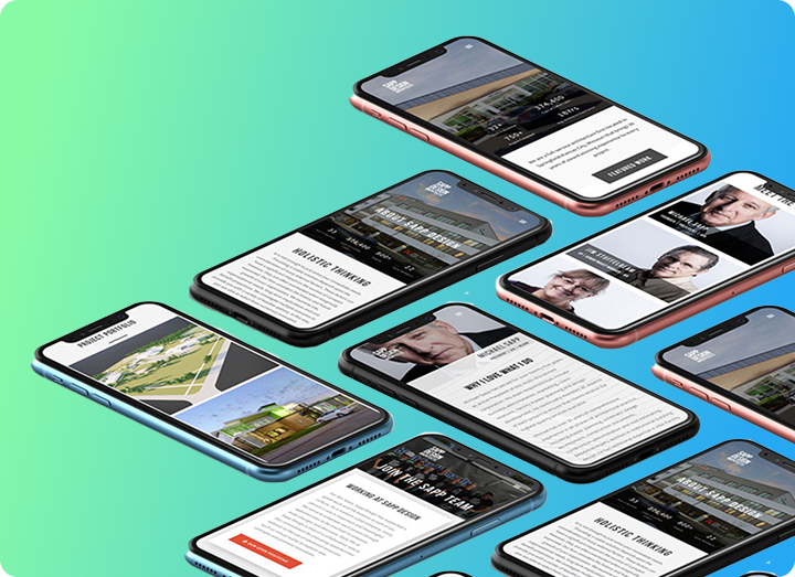 Multiple smartphones with various colored frames display different website pages, including articles, images of people, and building designs, all arranged diagonally on a green-blue gradient background.