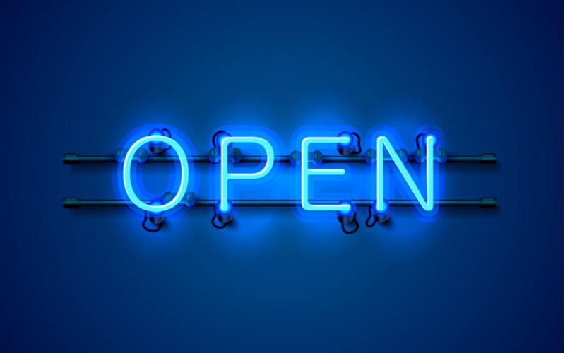 neon blue "open" sign