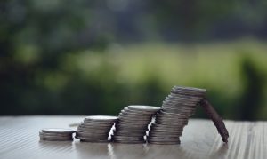 Leaning stacks of coins propped up by a twig